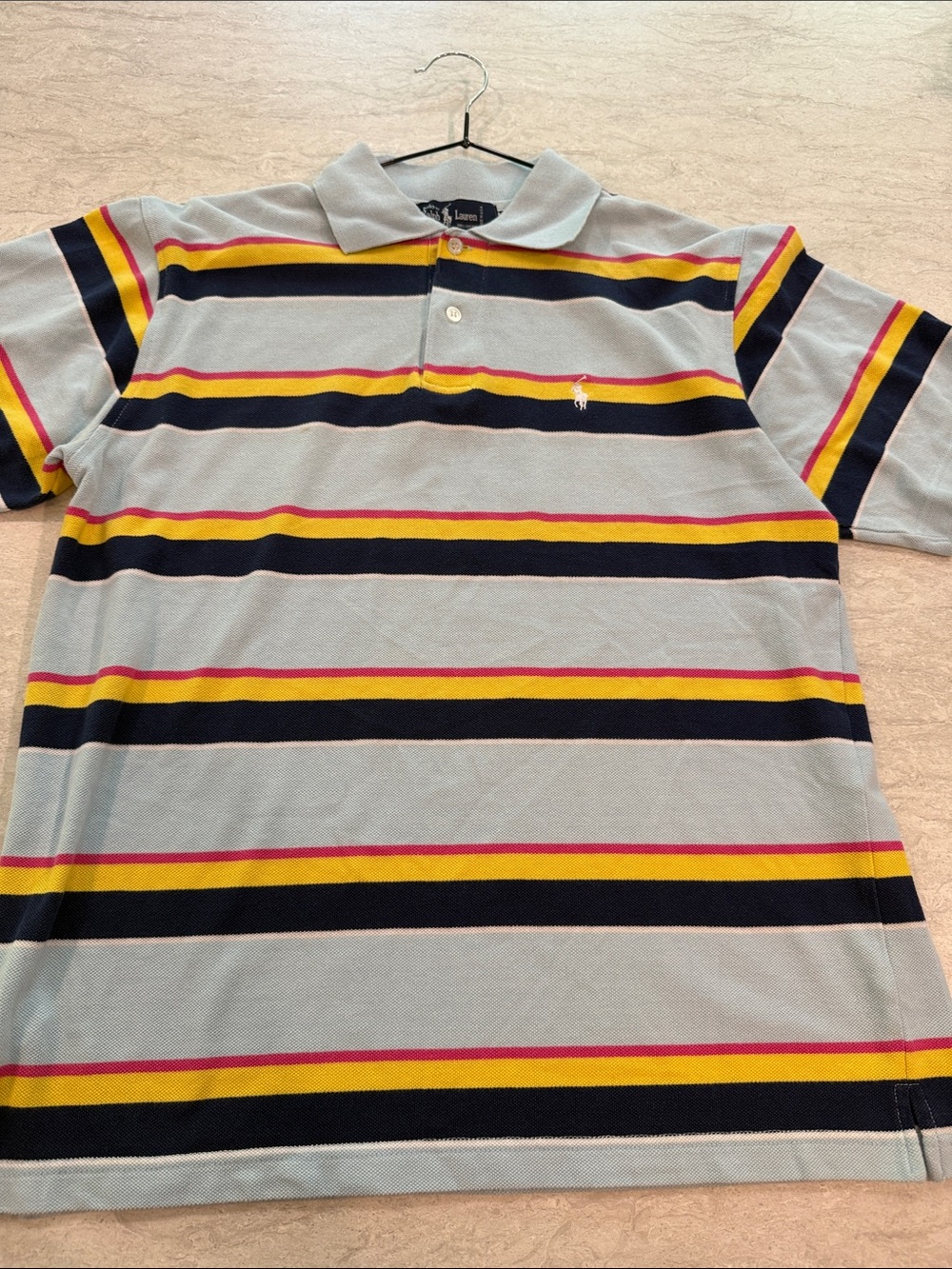 Polo by Ralph Lauren Light Blue Striped Polo with Navy, Yellow & Red